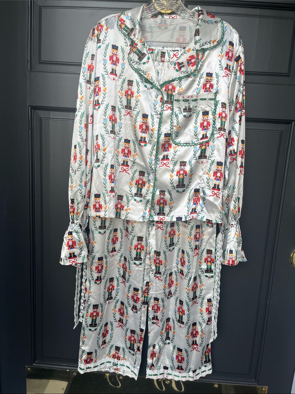 Nutcracker Print Satin Pajama Set - White with Red & Green